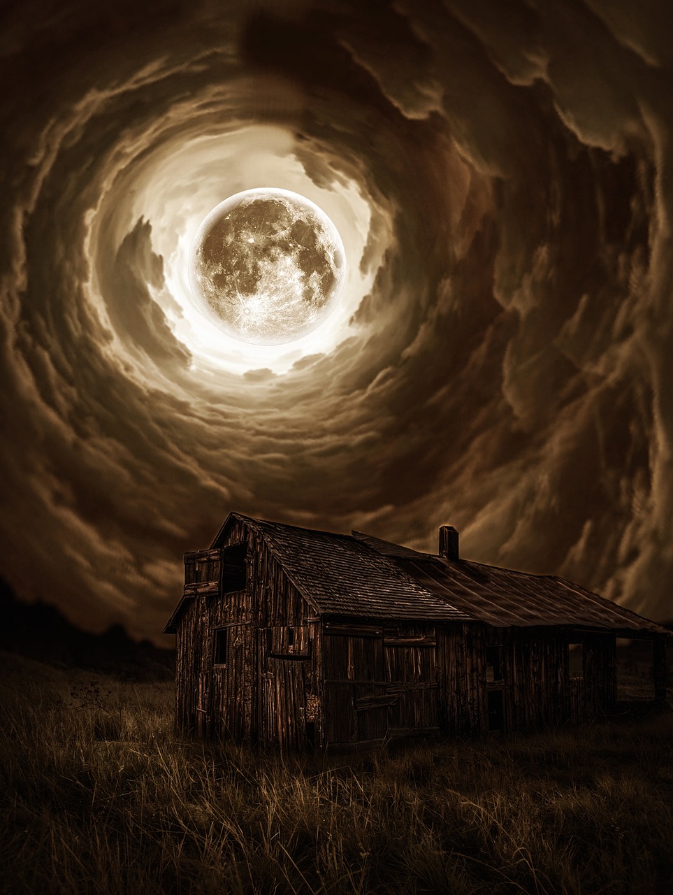 night, moon, old house, storm, thunderstorm, mystical, photo montage, forest, nature, brown moon, brown night, brown storm